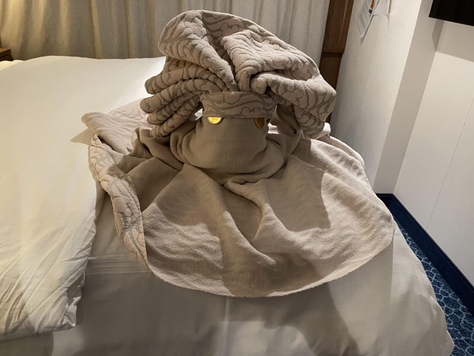 towel twisted into the shape of a character