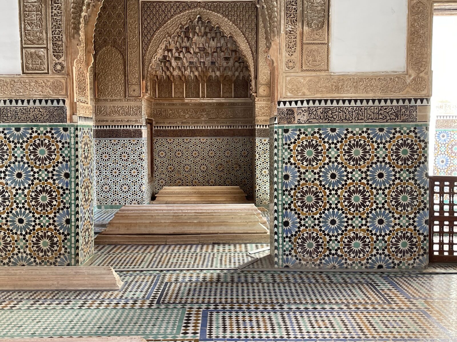 tile work covering the walls and ceiling of the Saadian Tombs in Marrackech