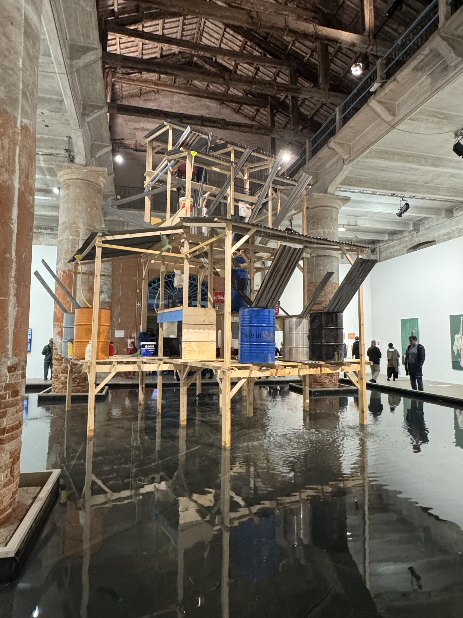 Large wooden structure with water buckets