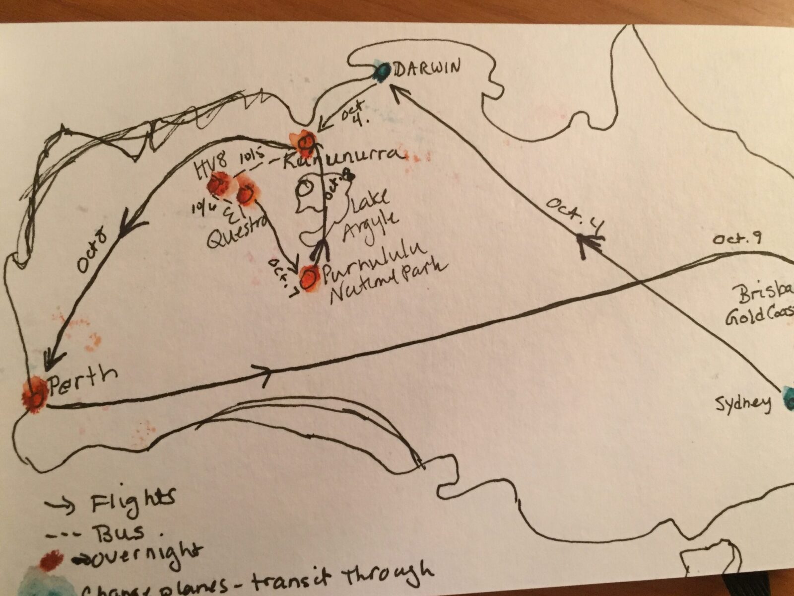 Hand drawn map of Australia with places marked