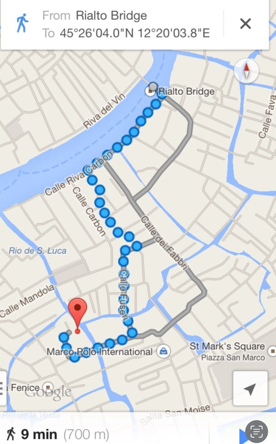 screenshot of a google map showing a walking path