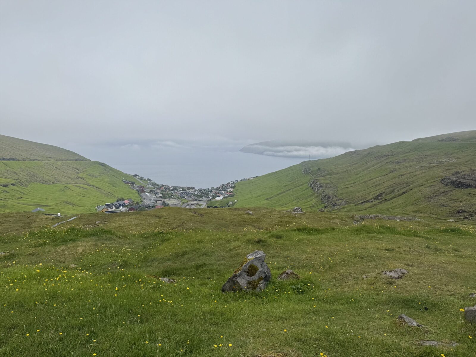 looking down on small town at the edge of the ocean
