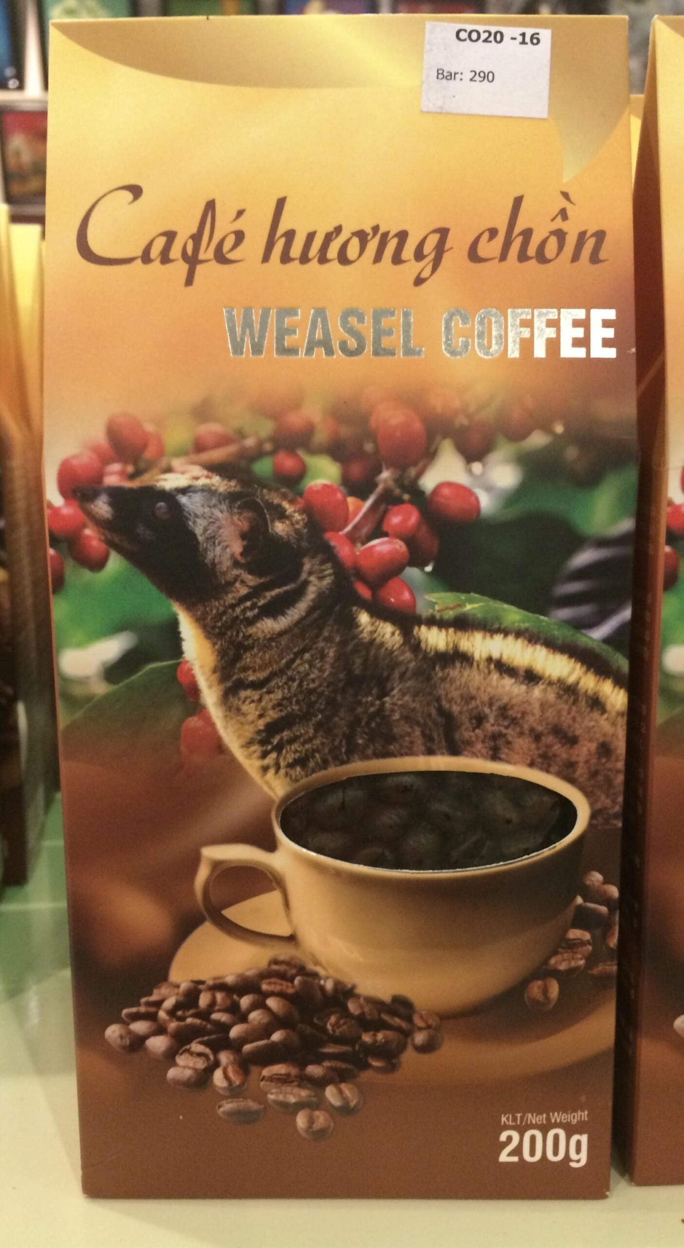 Package of Coffee beans with a weasel photo on the front
